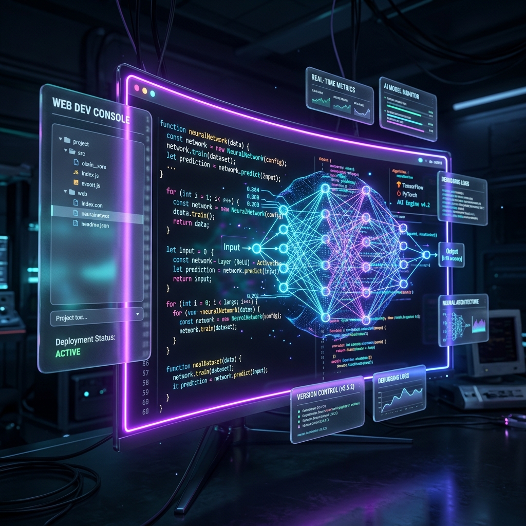 Creative Coding Interface showing futuristic code and neural AI elements